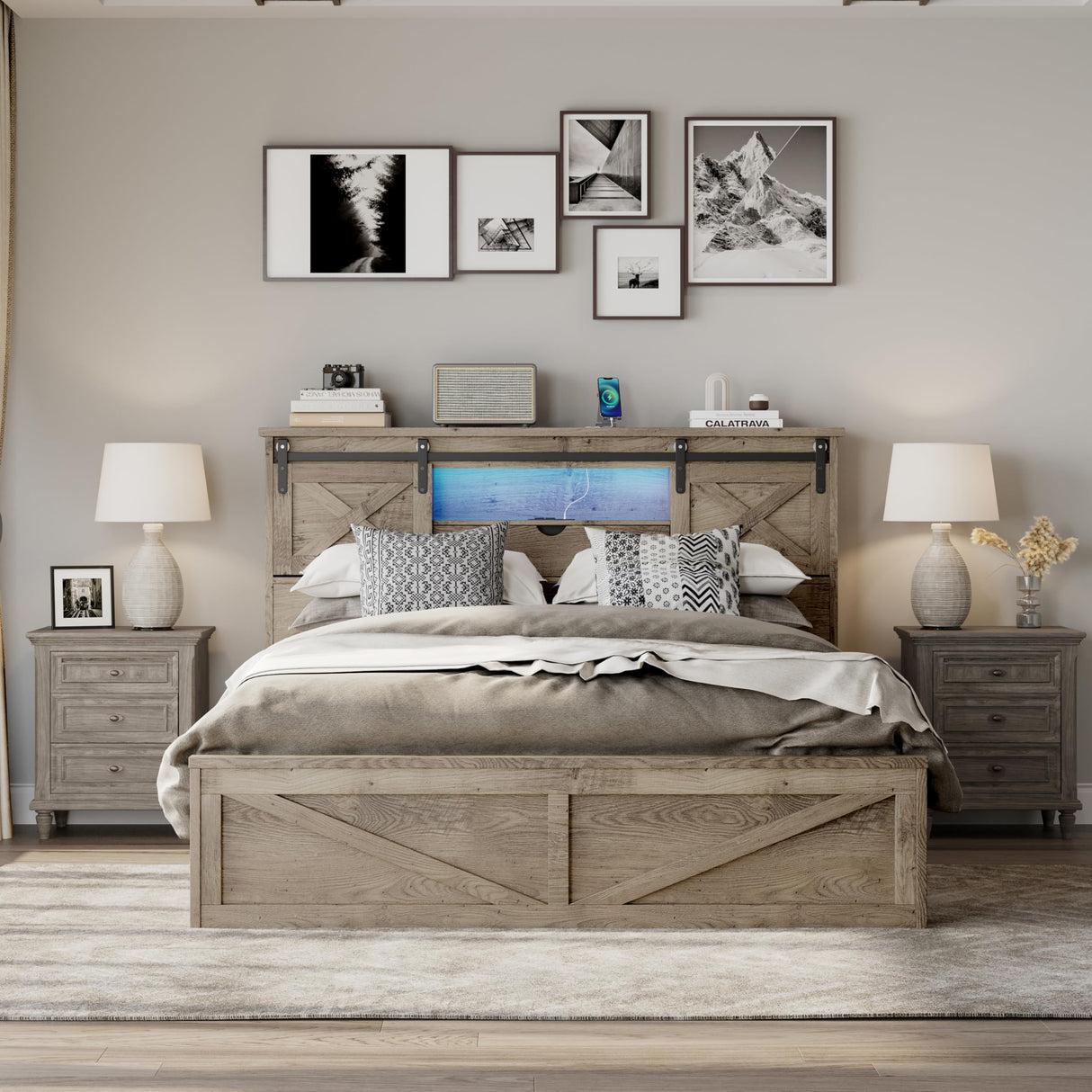 KINFFICT Farmhouse Queen Bed Frame with Storage Headboard - Rustic Wood Bed with Sliding Barn Door, USB Charging Station, LED Lights & 2 Drawers (Easy Assembly, Gray Finish) KINFFICT