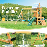 ROBUD Swing Sets for Backyard, Wooden Swing Set, All-in-One Kids Outdoor Play Equipment with Two Swings, Slide, Rock Climbing Wall, Blackboard, Telescope, Fort, Outdoor Playset for Kids & Toddlers ROBUD