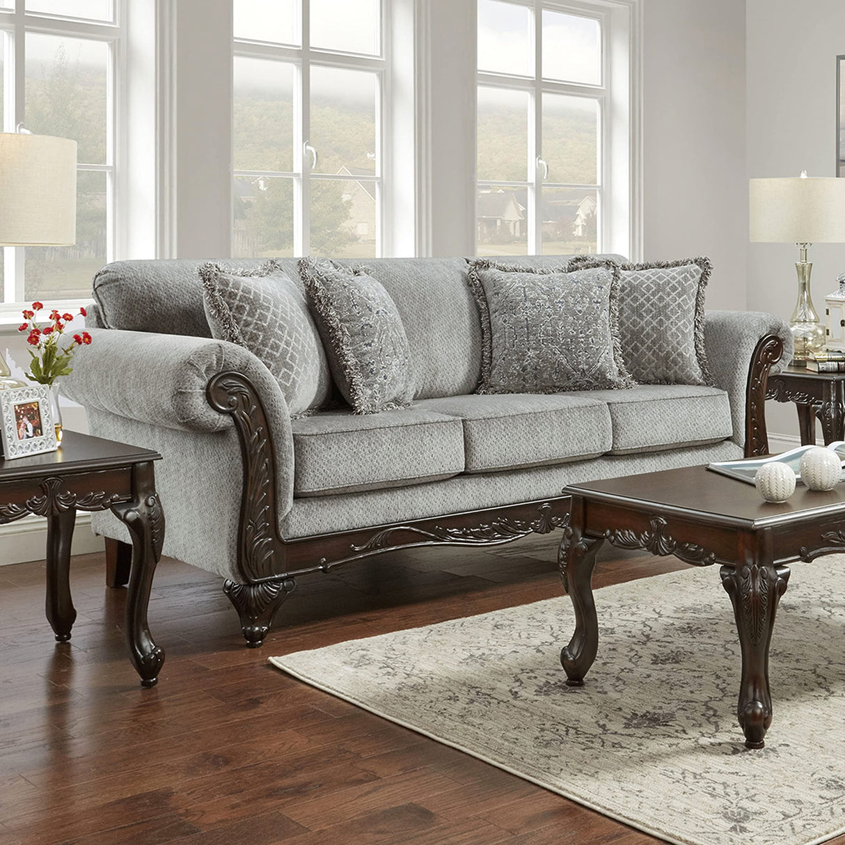 Roundhill Furniture Hernen Carved Wood Frame Sofa and Loveseat Set, Gray Roundhill Furniture