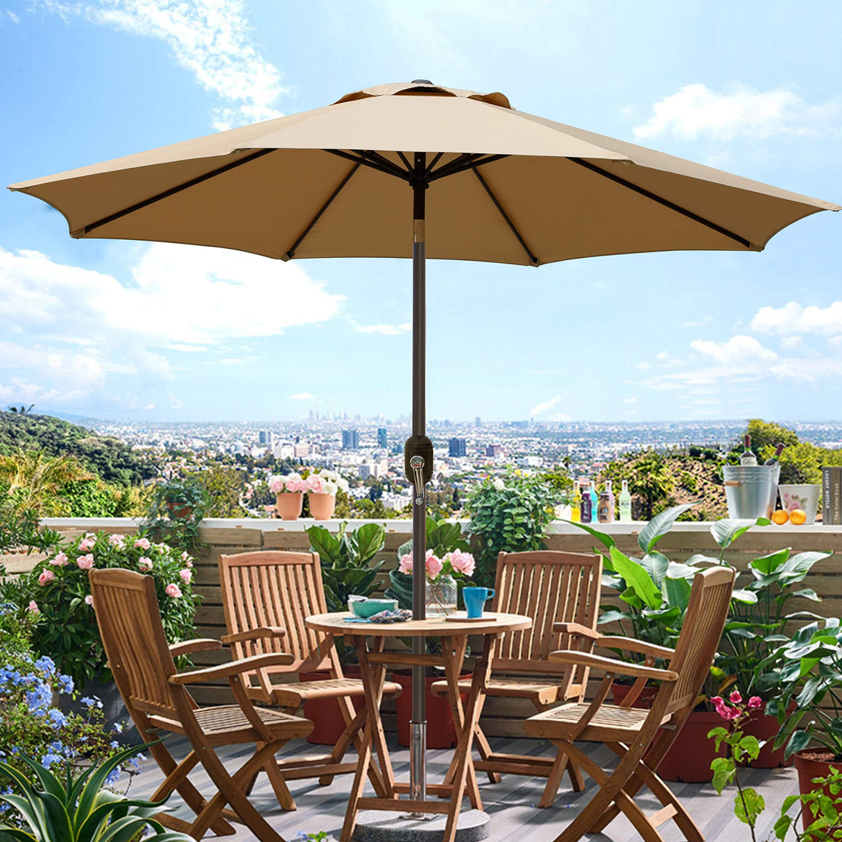 Blissun 9' Outdoor Patio Umbrella, Outdoor Table Umbrella, Yard Umbrella, Market Umbrella with 8 Sturdy Ribs, Push Button Tilt and Crank (Tan) Blissun