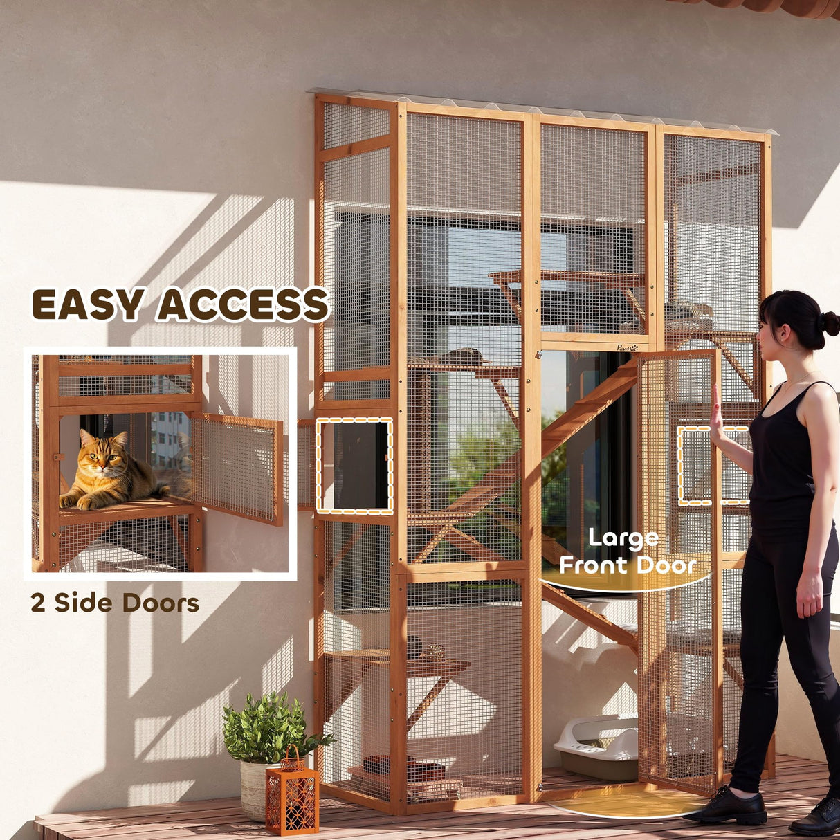 PawHut Outdoor Catio Cat Enclosure, Large Wooden Cat House with 6 Jumping Platforms, Scratching Post, 2 Ramps, Waterproof Roof, Cat Cage Window Access for 2-3 Kittens, 99" H, Orange PawHut