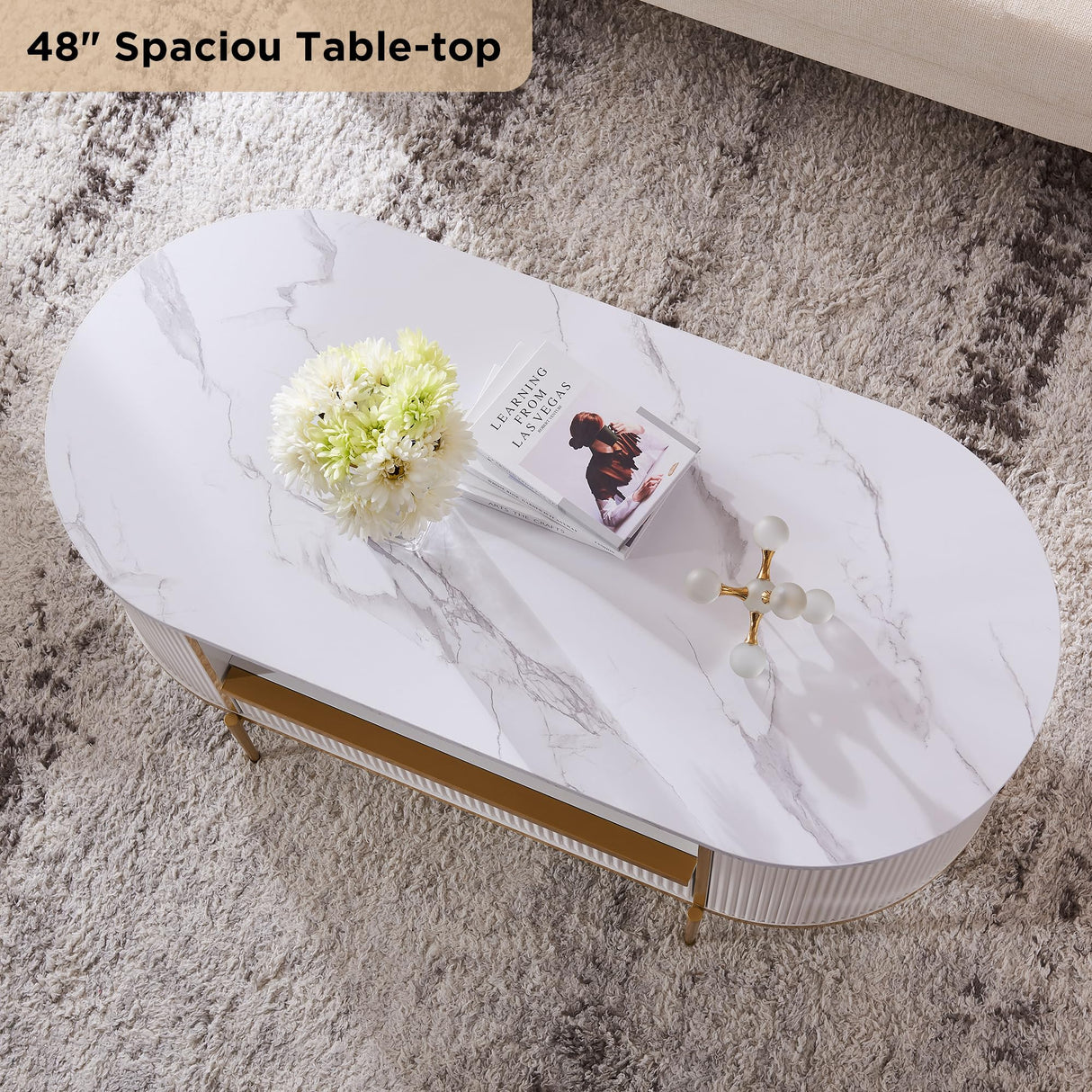 OKD Modern Luxury Fluted Coffee Table, 48" Oval Coffee Table with Drawer, Faux Marble Top, Curved Profile Design, Gold Metal Decor, Center Table for Living Room, Off White OKD
