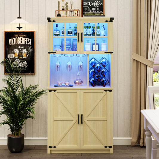 TAGELIER Wood Bar Cabinet with LED Light, 69'' Tall Liquor Cabinets for Home with Wine & Glass Holder, Large Kitchen Hutch with Doors and Storage Shelves, Coffee Bar Sideboard Buffet - WoodArtSupply