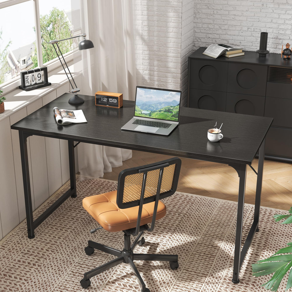 Huuger Computer Desk, 55 Inch Office Desk, Gaming Desk with Storage, Writing Desk Work Desk for Home Office, Study, Modern Simple Desk, Large Legroom, Metal Frame, Black Huuger