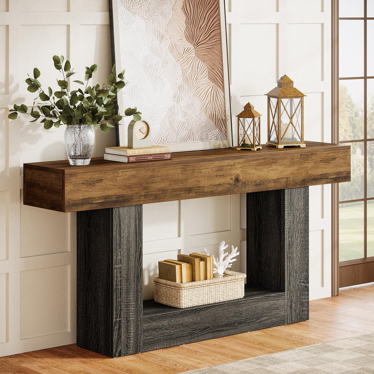 Tribesigns 63-Inch Long Console Table, 2-Tier Entryway Table Sofa Table with Storage, Farmhouse Wood Behind Couch Table for Living Room, Hallway, Rustic Brown & Gray Tribesigns
