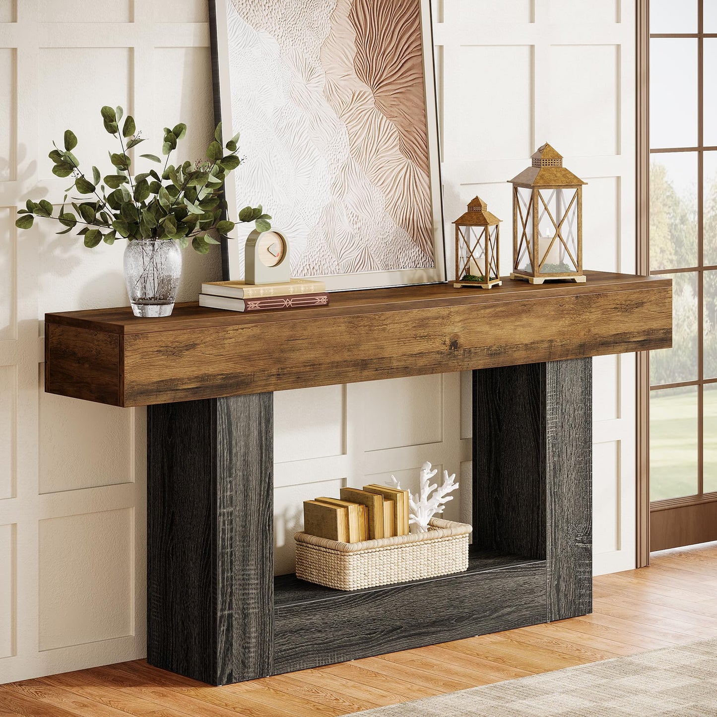 Tribesigns 63-Inch Long Console Table, 2-Tier Entryway Table Sofa Table with Storage, Farmhouse Wood Behind Couch Table for Living Room, Hallway, Rustic Brown & Gray