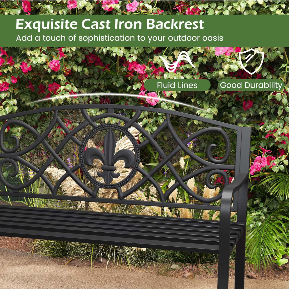 Giantex 50.5” Outdoor Bench with Metal Frame, Floral Design Cast Iron Backrest, Slatted Seat, Adjustable Foot Pads, Load 660Lbs, Garden Bench for Outside Patio Backyard Porch Park, Black Giantex