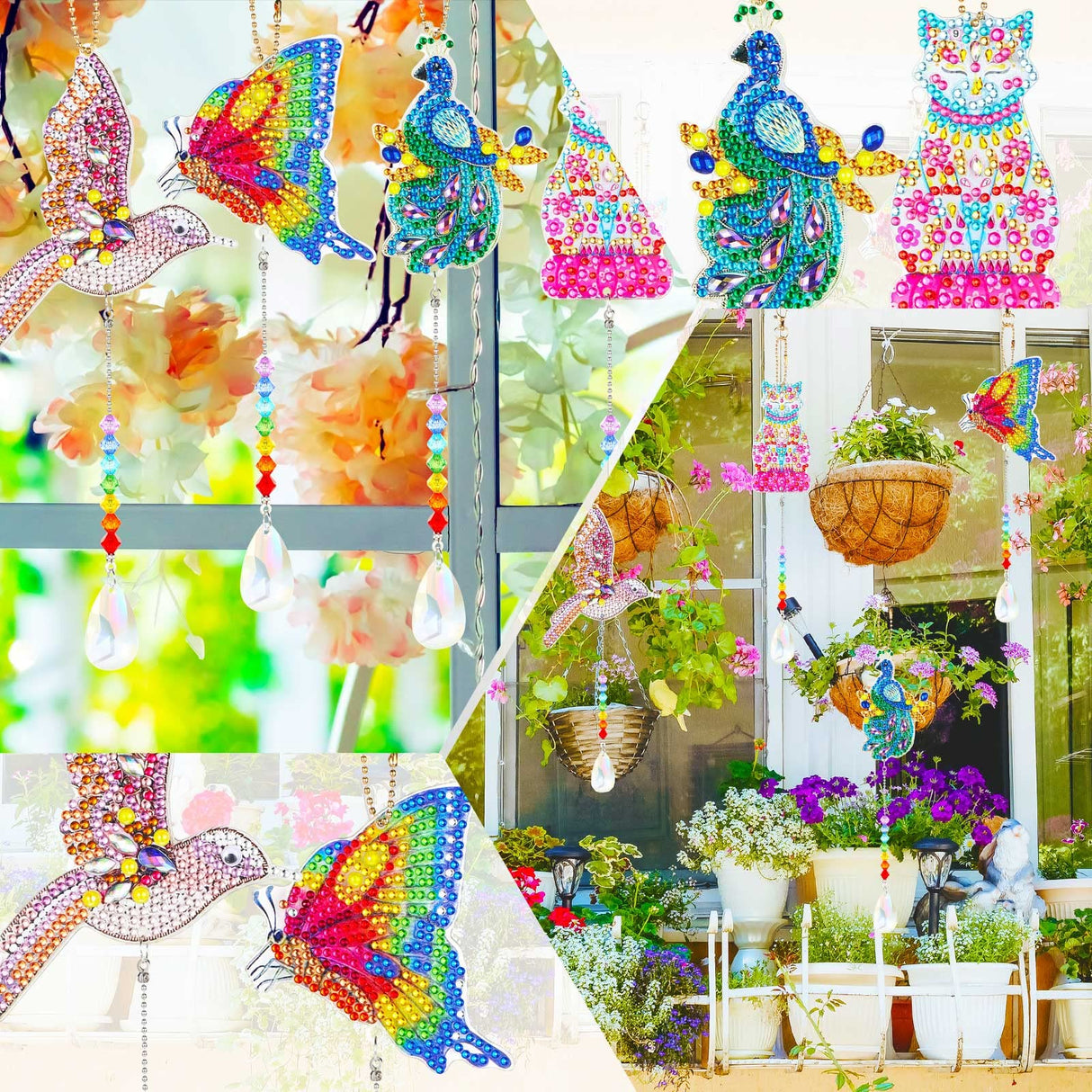 Queekay 4 Pieces Diamond Painting Sun Catcher Tree Ornament DIY Wind Chime Kit Hanging Double Sided Hummingbird Butterfly Cat Peacock Shape Crystal Art Ornament forGarden Decoration Queekay