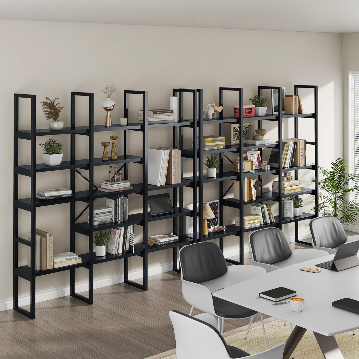 Jehiatek Large Bookshelf 5 Tiers, Triple Wide Geometric Bookcase, 71 Inches Tall Industrial Book Shelves Etagere Book Case, Sturdy Metal Frame, Freestanding Display Shelving Unit, Black Jehiatek