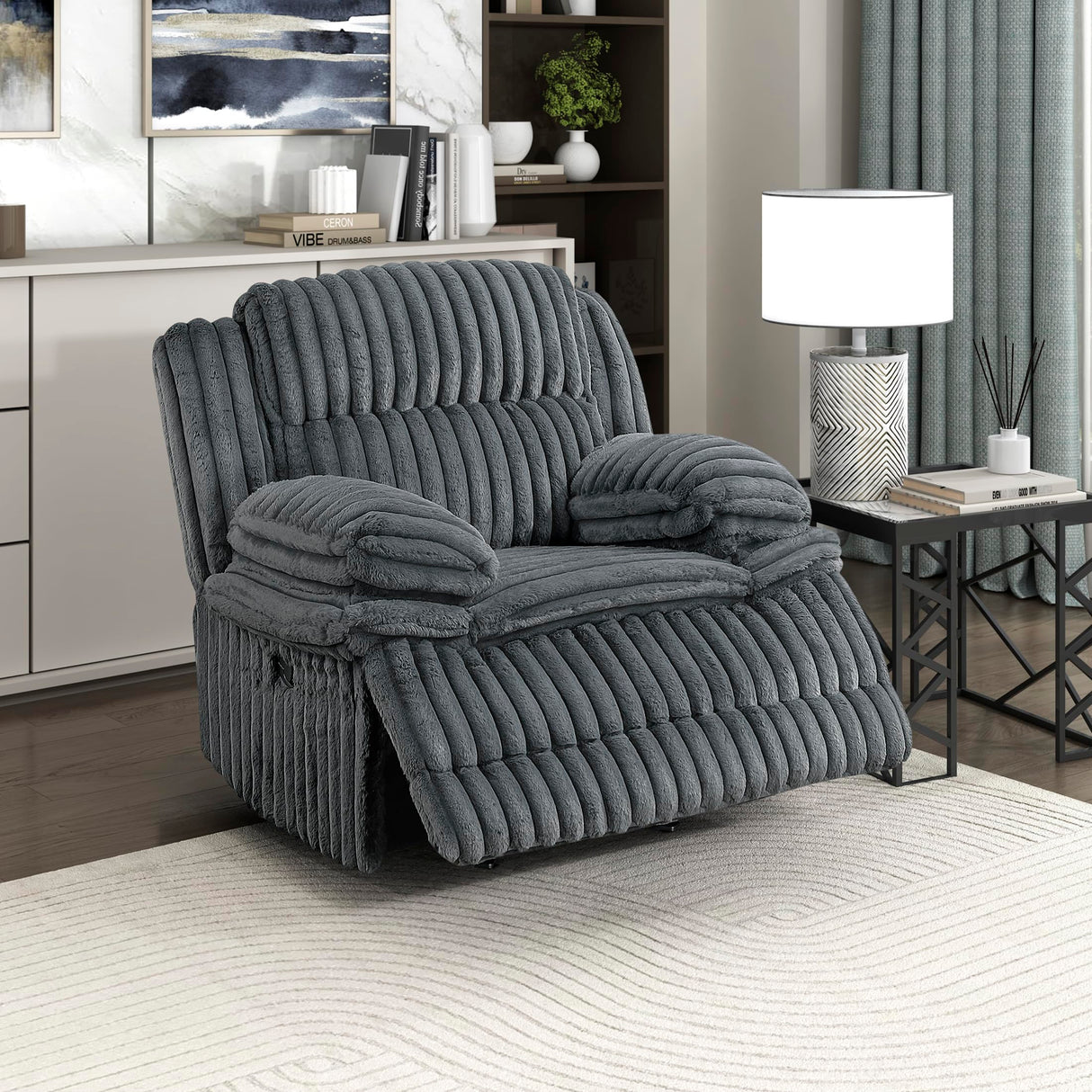 Lexicon Manual Glider Recliner Chair, Corduroy Manual Tab Pull Reclining Chair with Pillow Top Arms, Plush Cushions, Cozy Theater-Style Accent for Living Room/Bedroom, Easy Assembly, Dark Gray Lexicon