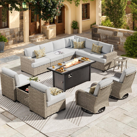 HOOOWOOO Outdoor Sectional Patio Furniture Set with Fire Pit Table,13 Pieces Wicker Conversation Sets L Shaped Couch,Extra Deep Out Door Sofa Outside Furniture with Swivel Chairs,Light Gray HOOOWOOO