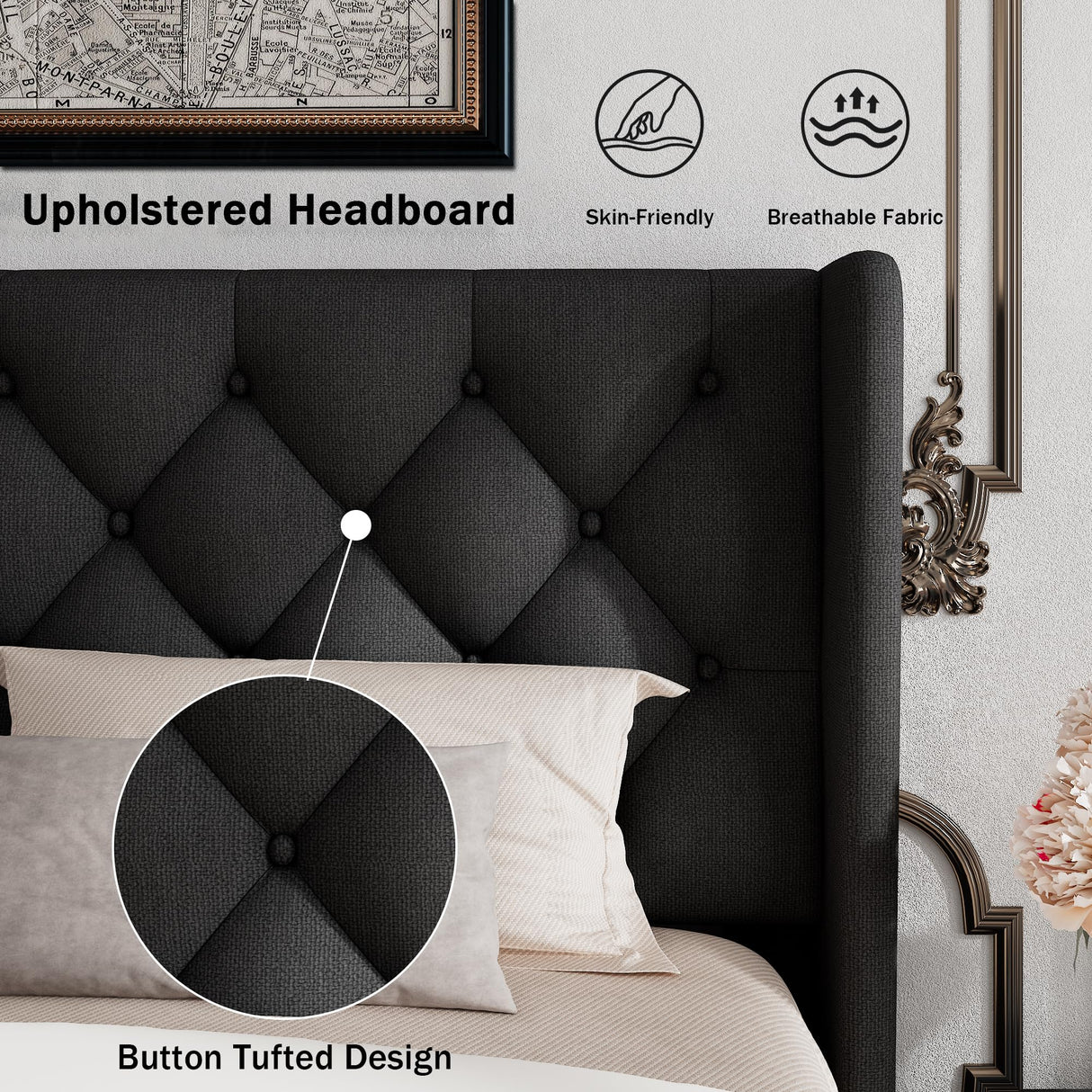 GalnFu King Size Bed Frame with Button Tufted Headboard, Upholstered Platform Bed Frame with UnderBed Storage, Wooden Slats Supports, Noise Free, No Box Spring Needed, Easy Assembly, Black GalnFu