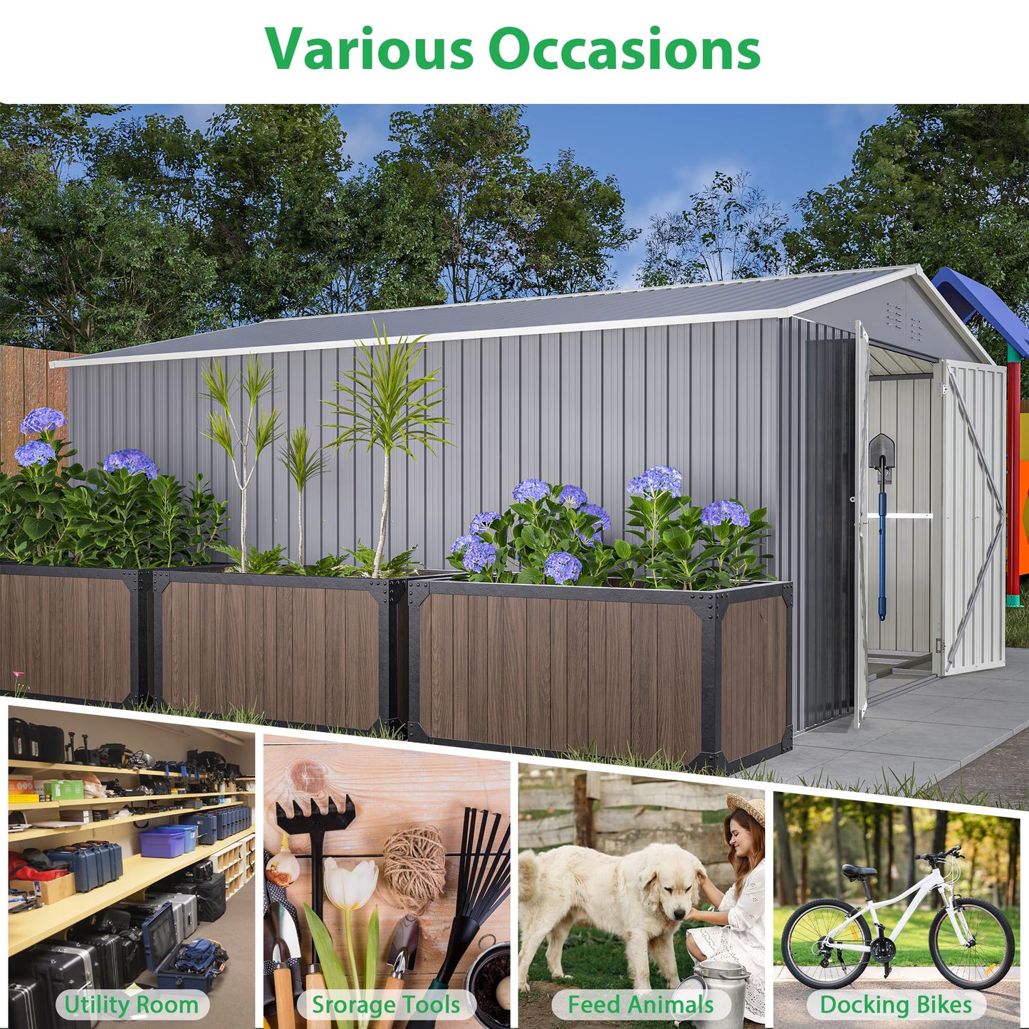 Thanaddo 11x13 FT Outdoor Storage Shed, Metal Steel Utility Tool Shed Storage House with Double Lockable Doors & Air Vent for Backyard Garden Patio Lawn Gray - WoodArtSupply