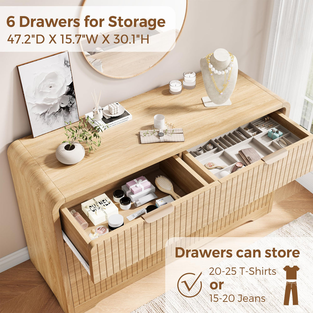 Jocoevol Modern 6 Drawer Dresser, 47" Wide Wood Dressers & Chests of Drawers Curved Profile Design, Mid Century Modern Fluted Dresser for Bedroom, Natural Oak Jocoevol