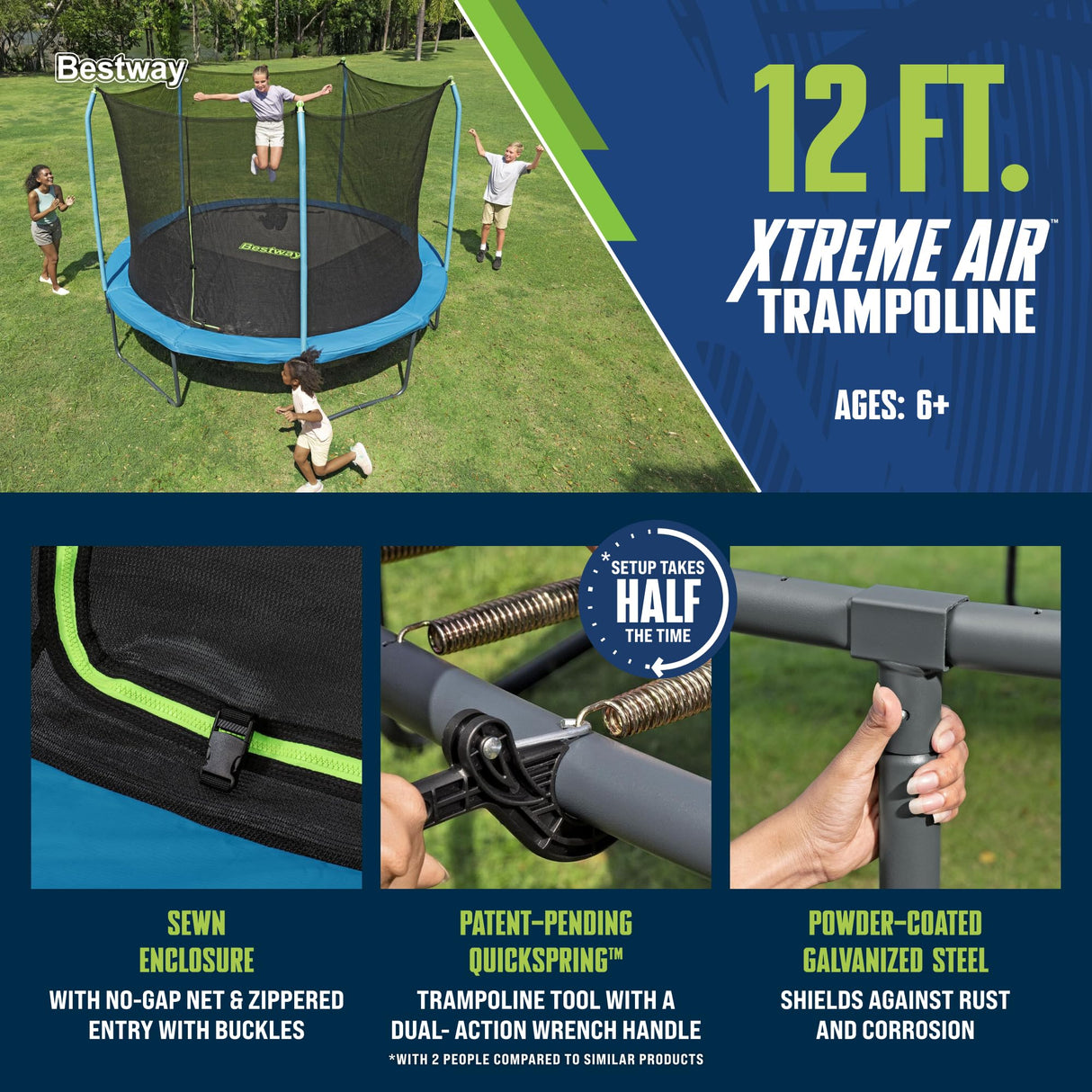 Bestway Xtreme Air 12 FT Outdoor Trampoline for Kids and Adults, No-Gap Security Enclosure Net, Foam-Padded Poles, Fast & Easy Assembly, ASTM Approved Bestway