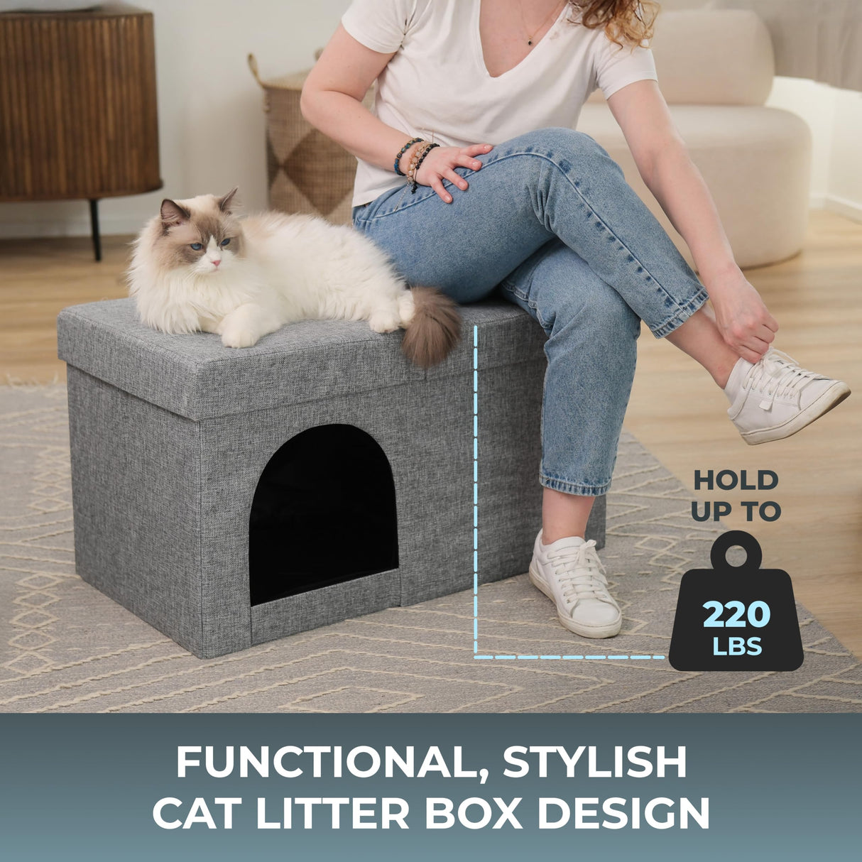 2-in-1 Hidden Cat Litter Box Enclosure – Modern Furniture with Litter Box Included, Odor-Control Tray, Toy Storage, and Waterproof Liner – for All Indoor Cat Breeds PATHOSIO PETS