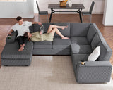 PaPaJet U Shaped Couch, 112 Inch Oversized Couch with Storage Chaise, Sectional Sofa with Cup Holders & 2 USB Ports, Corduroy Grey Sofa PaPaJet