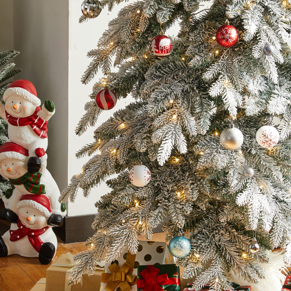 Glitzhome 9ft Pre-Lit Flocked Pencil Spruce Artificial Christmas Tree with 470 Warm White Lights and Sturdy Metal Stand for Home, Office, Party Decoration Glitzhome