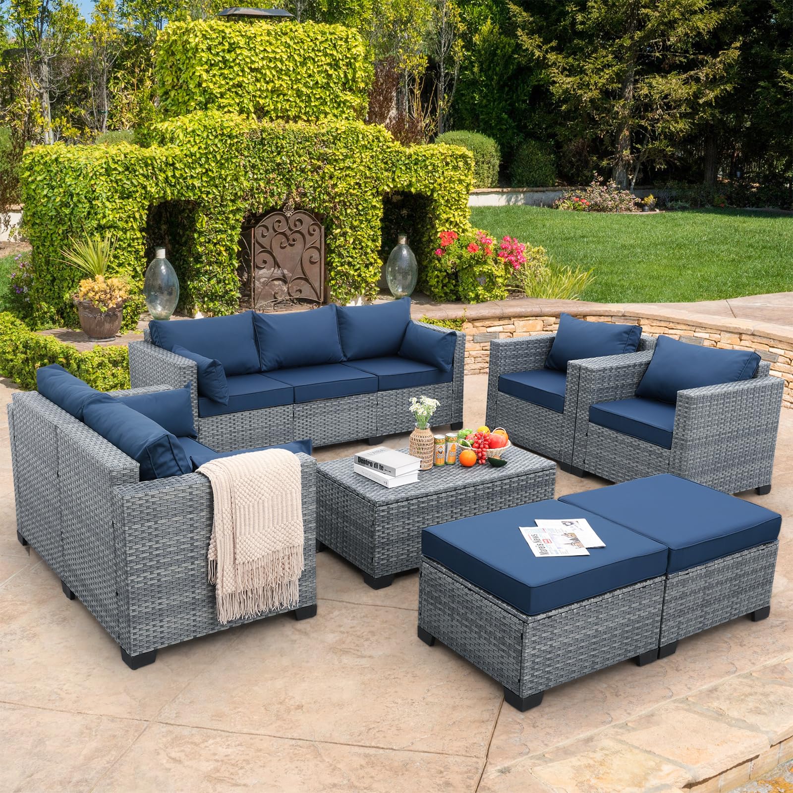 Lviden 7 Piece Wicker Patio Furniture Sets Outdoor Conversation Set, PE Rattan Sectional Sofa Couch with Storage Table and Non-Slip Navy Blue Cushions, Furniture Covers Included - WoodArtSupply