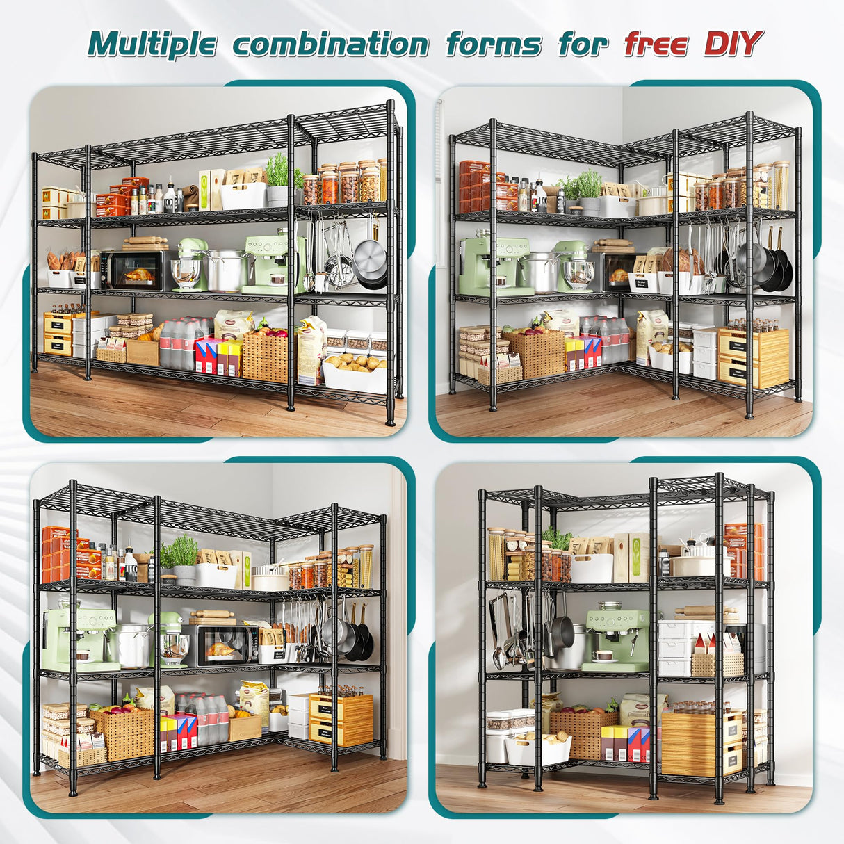 REIBII 78.4''W Storage Shelves Wire Shelving Unit Load 1500LBS,4 Tier Metal Shelving with Adjustable Metal Shelf Wire Rack for Pantry Shelves Commercial Shelving Kitchen Garage 78.4''Wx11.8''Dx59''H REIBII