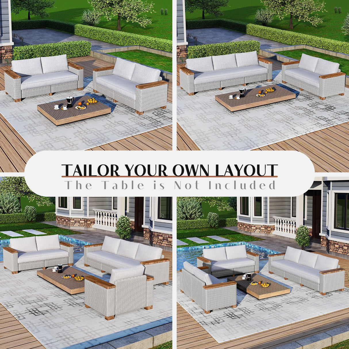 LUXOAK Patio Furniture Set, 6 Piece Wicker Patio Conversation Set with Wide Solid Wood Armrest, All Weather Outdoor Sectional Furniture with Wood Legs for Backyards, Porch, Poolside, Garden, Balcony LUXOAK