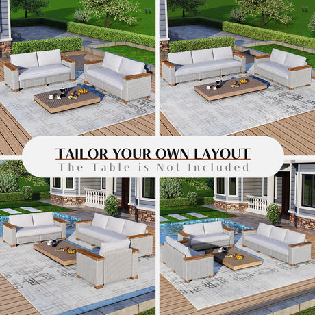 LUXOAK 4-Piece Outdoor Patio Furniture Set, All-Weather Wicker Sofa with 5.9" Solid Wood Armrests, Wooden Legs, and Cushions – Sectional Conversation Set for Backyard, Porch, Garden, or Poolside LUXOAK