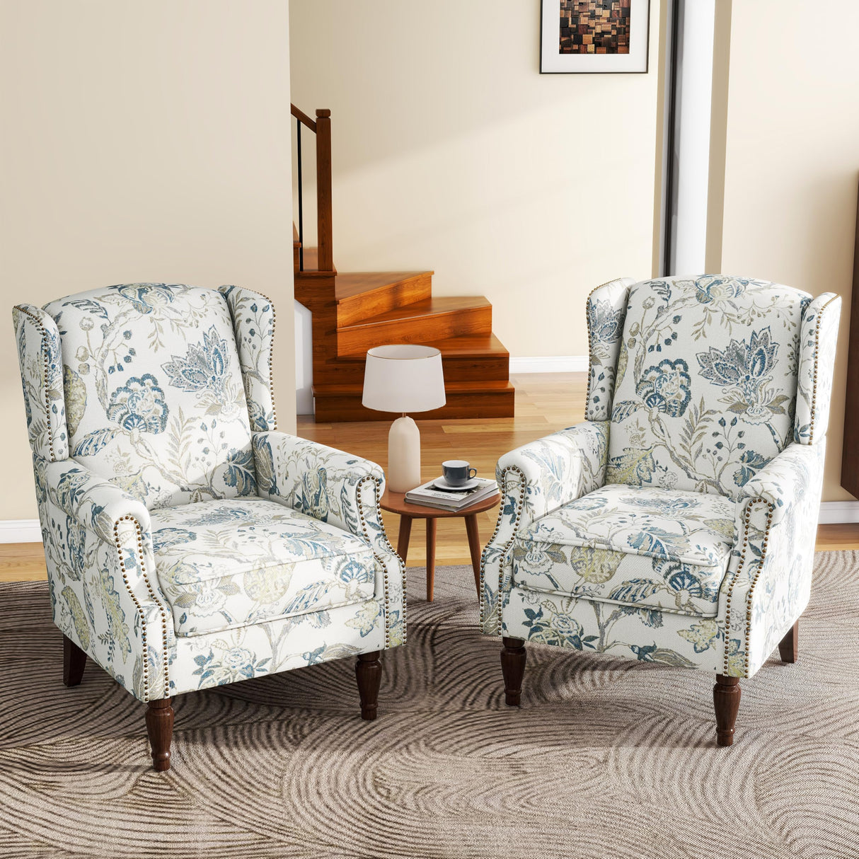 UIXE High Back Floral Accent Chairs Set of 2, Upholstered Armchair in Fabric, Retro Printed Wingback Arm Chair for Living Room, Nailhead Trim Single Sofa Bedroom Reading Seat - Plants Blue UIXE