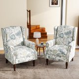 UIXE High Back Floral Accent Chairs Set of 2, Upholstered Armchair in Fabric, Retro Printed Wingback Arm Chair for Living Room, Nailhead Trim Single Sofa Bedroom Reading Seat - Plants Blue UIXE