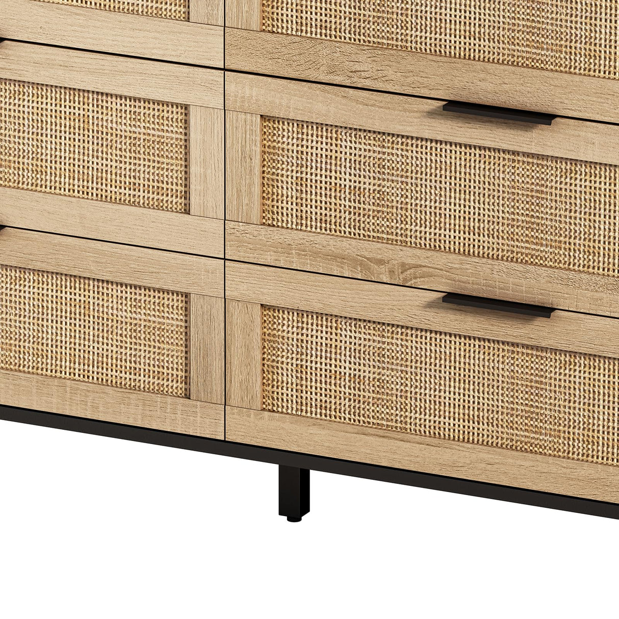 Henf Rattan 6 Drawer Dresser, Wood Dresser Chest with Wide Rattan Drawers, Modern Storage Chest of Drawers for Bedroom Living Room Hallway Entryway, 59 inches Wide (Black & Natural) Henf