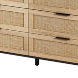 Henf Rattan 6 Drawer Dresser, Wood Dresser Chest with Wide Rattan Drawers, Modern Storage Chest of Drawers for Bedroom Living Room Hallway Entryway, 59 inches Wide (Black & Natural) Henf