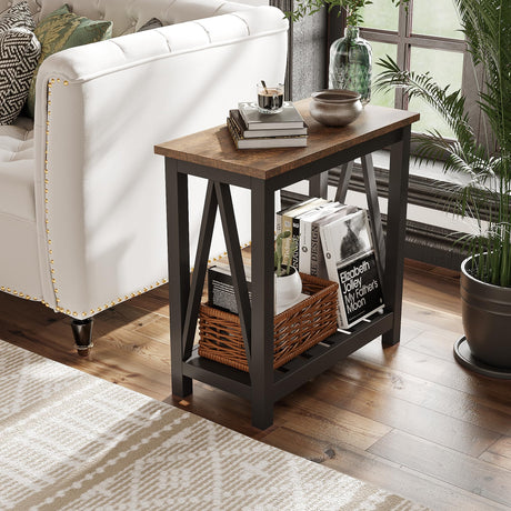 ChooChoo Farmhouse End Table, Rustic Vintage Narrow End Side Table with Storage Shelf for Small Spaces, Nightstand Sofa Table for Living Room, Bedroom Black ChooChoo