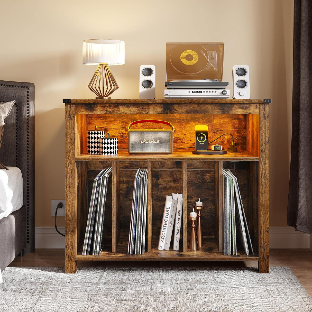 YITAHOME Large Record Player Stand with Power Outlets & LED Lights, Vinyl Record Storage Table with Display Shelf Holds Up to 120 Albums, Turntable Stand for Living Room, Bedroom, Brown YITAHOME