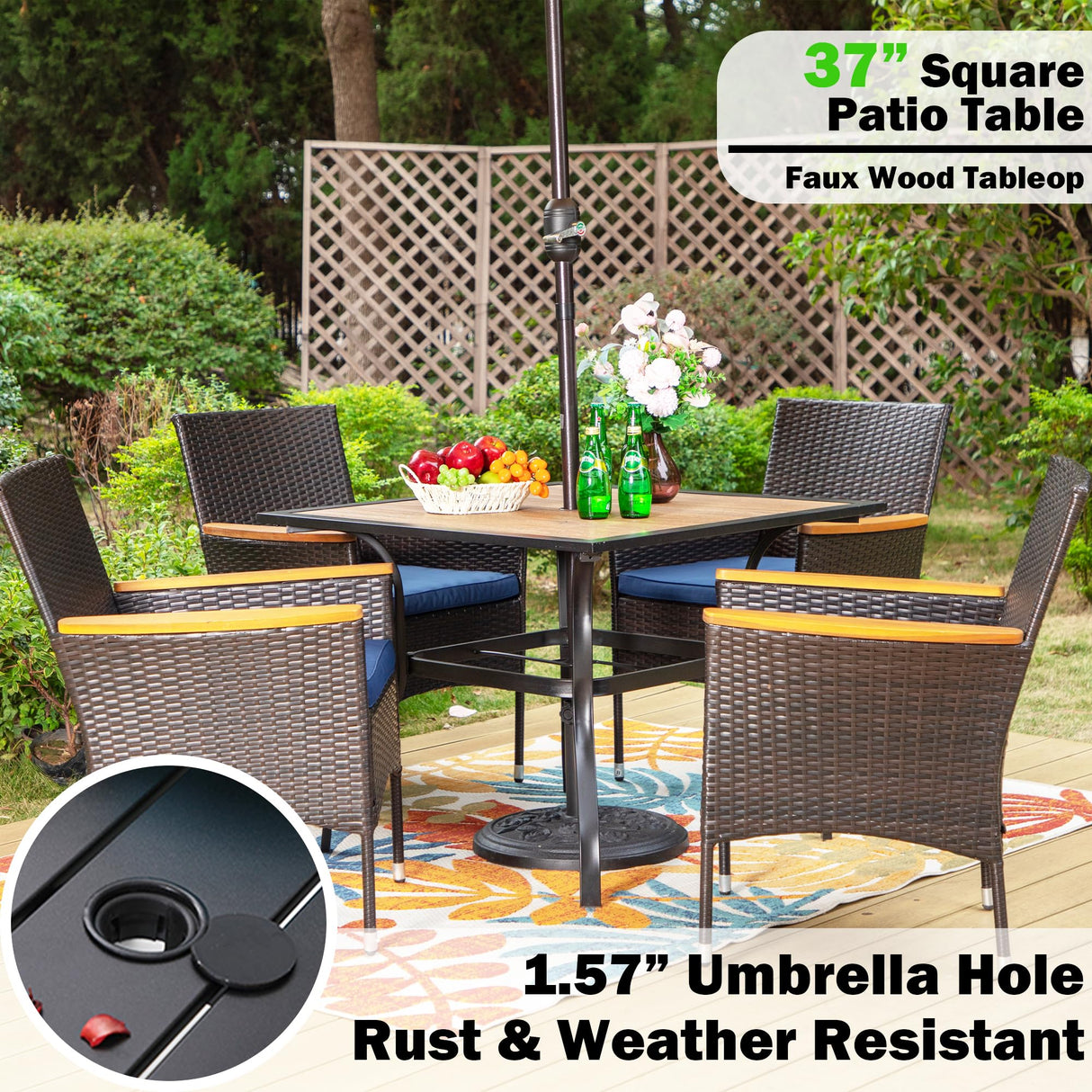 Sophia & William 5 Pieces Outdoor Furniture with 9ft Beige Patio Umbrella, Outdoor Patio Dining Set for 4 People, Square Faux Wood Patio Table and Rattan Chairs, Patio Furniture Set with Seat Cushions Sophia & William