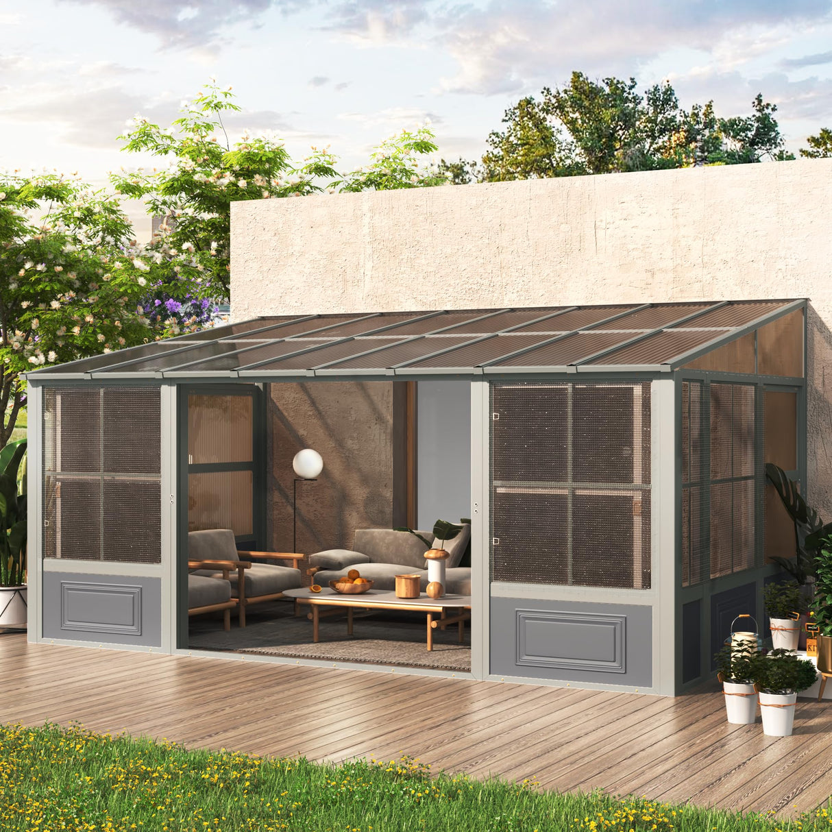 EROMMY 10' x 16' Sunroom, Wall Mounted Gazebo Solarium with Aluminum Frame, Polycarbonate Roof, Permanent Sun Room with Sliding Doors, Lockable PC Screen Walls, Lean to Gazebo for Garden, Patio, Deck EROMMY