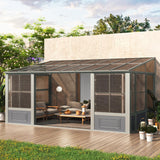 EROMMY 10' x 16' Sunroom, Wall Mounted Gazebo Solarium with Aluminum Frame, Polycarbonate Roof, Permanent Sun Room with Sliding Doors, Lockable PC Screen Walls, Lean to Gazebo for Garden, Patio, Deck EROMMY