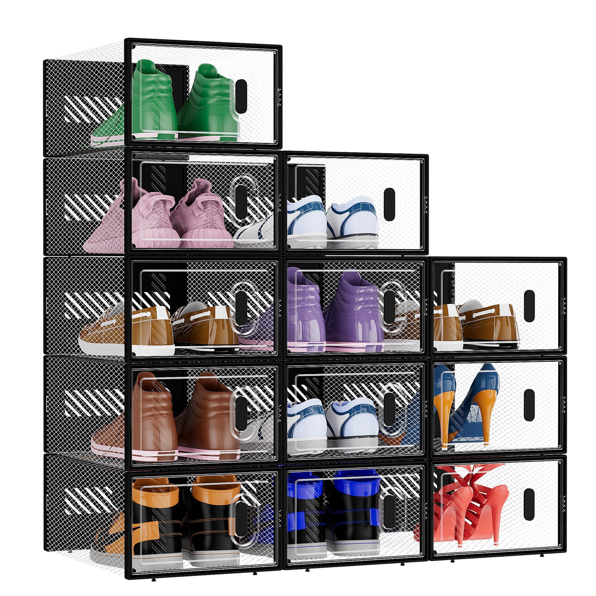 BALEINE 12 Pack Stackable Shoe Storage Boxes Fit Size 9, Thickened Clear Shoe Box Bins with Lids, Plastic Foldable Organizer Sneaker Storage Containers (Large, Black) BALEINE