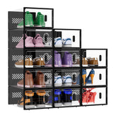 BALEINE 12 Pack Stackable Shoe Storage Boxes Fit Size 9, Thickened Clear Shoe Box Bins with Lids, Plastic Foldable Organizer Sneaker Storage Containers (Large, Black) BALEINE