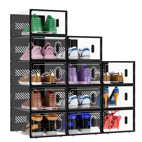 BALEINE 12 Pack Stackable Shoe Storage Boxes Fit Size 9, Thickened Clear Shoe Box Bins with Lids, Plastic Foldable Organizer Sneaker Storage Containers (Large, Black) BALEINE
