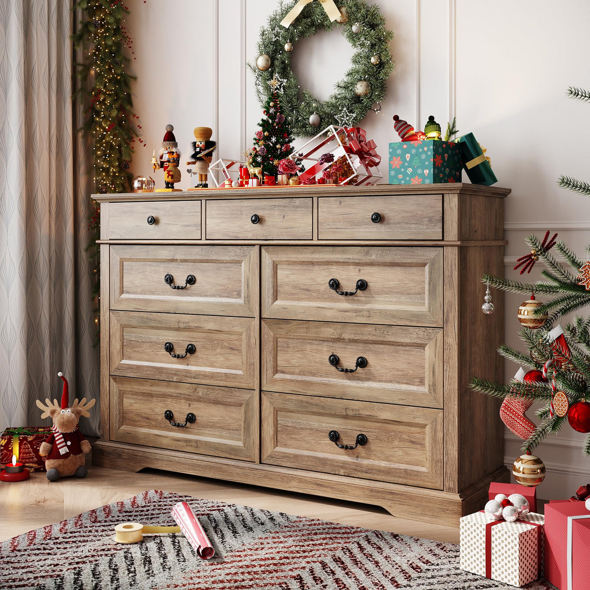 LINSY HOME 9 Drawers Dresser for Bedroom, Wide Wood Chest of Drawers with Metal Handle, Farmhouse Tall Drawer Organizer for Bedroom, Closet, Living Room, Hallway and Entryway, Rustic Oak LINSY HOME