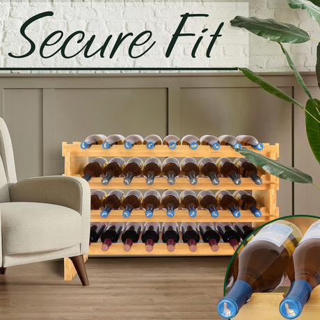 SereneLife Bamboo Stackable Wine Rack, 4-Tier 36 Bottle Capacity Wine Racks Free Standing Floor, No Tools Assembly, Modular Storage Display Shelf for Kitchen and Cellar 33.5" x 10" x 21" SereneLife