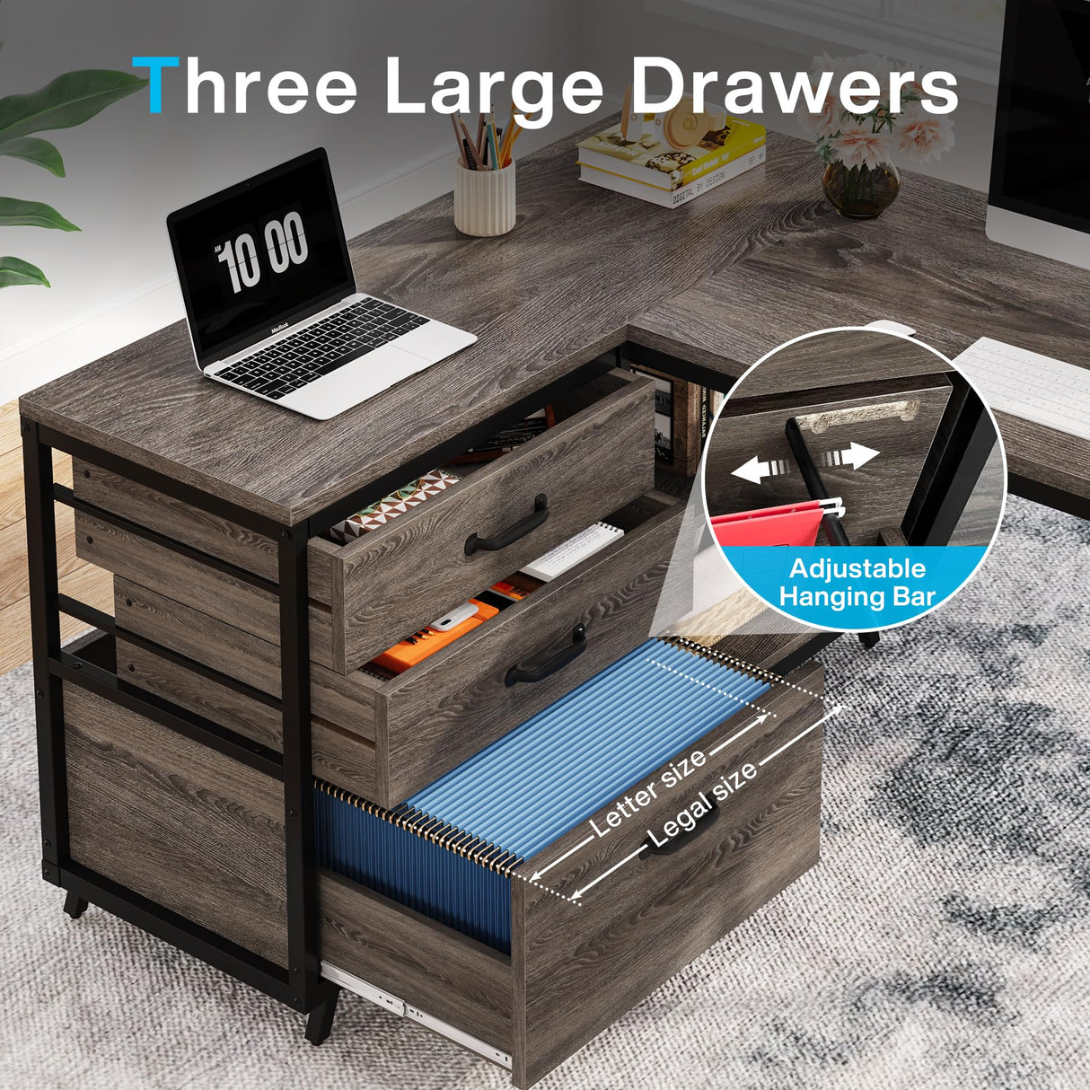 Tribesigns L-Shaped Desk with 3 Drawers, Reversible Corner Home Office Computer Desk with Shelves, 53-Inch Industrial PC Desk Study Writing Table Workstation for Small Space, Grey Tribesigns