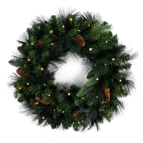 Papyrus 24" Pre-Lit Carolina Pine Artificial Wreath, Pine Cones, Warm White Light, Battery Powered, Indoor/Outdoor Papyrus