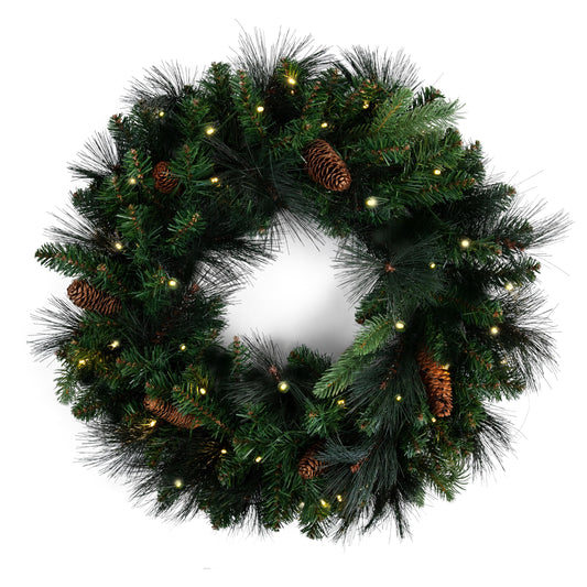 Papyrus 24" Pre-Lit Carolina Pine Artificial Wreath, Pine Cones, Warm White Light, Battery Powered, Indoor/Outdoor