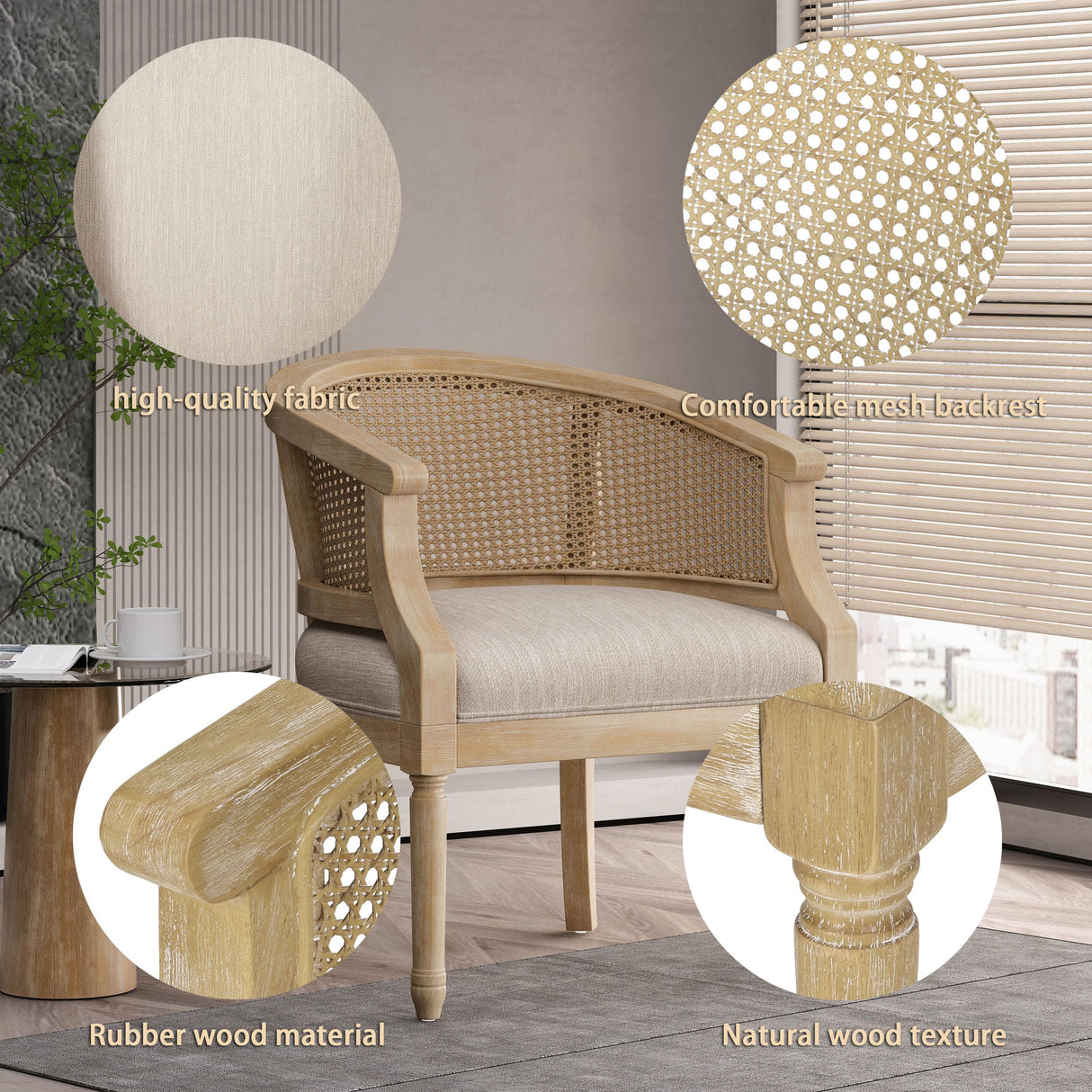 NoeBanJe Mid Century Accent Chair, Armchair with Curved Backrest and Upholstered, Reading Chair with Vintage Rattan Hollow Out, for Living Rooms, Bedrooms, Farmhouses, Balconies (Beige) NoeBanJe