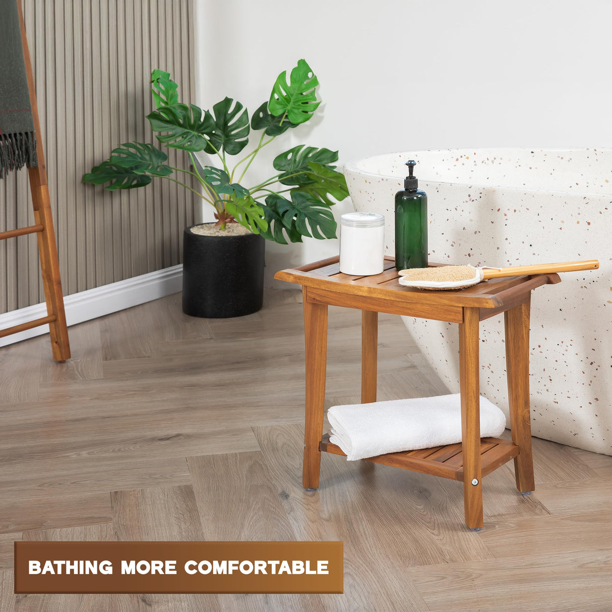 VICTORY RELAX Shower Stool Wood, 2-Tier Wooden Shower Bench for Inside Bathroom Sitting, Heavy Duty Chair with Storage Shelf, Acacia Wood Waterproof - Natural VICTORY RELAX