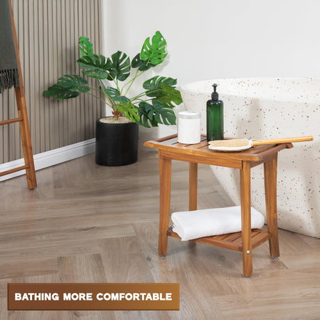 VICTORY RELAX Shower Stool Wood, 2-Tier Wooden Shower Bench for Inside Bathroom Sitting, Heavy Duty Chair with Storage Shelf, Acacia Wood Waterproof - Natural VICTORY RELAX