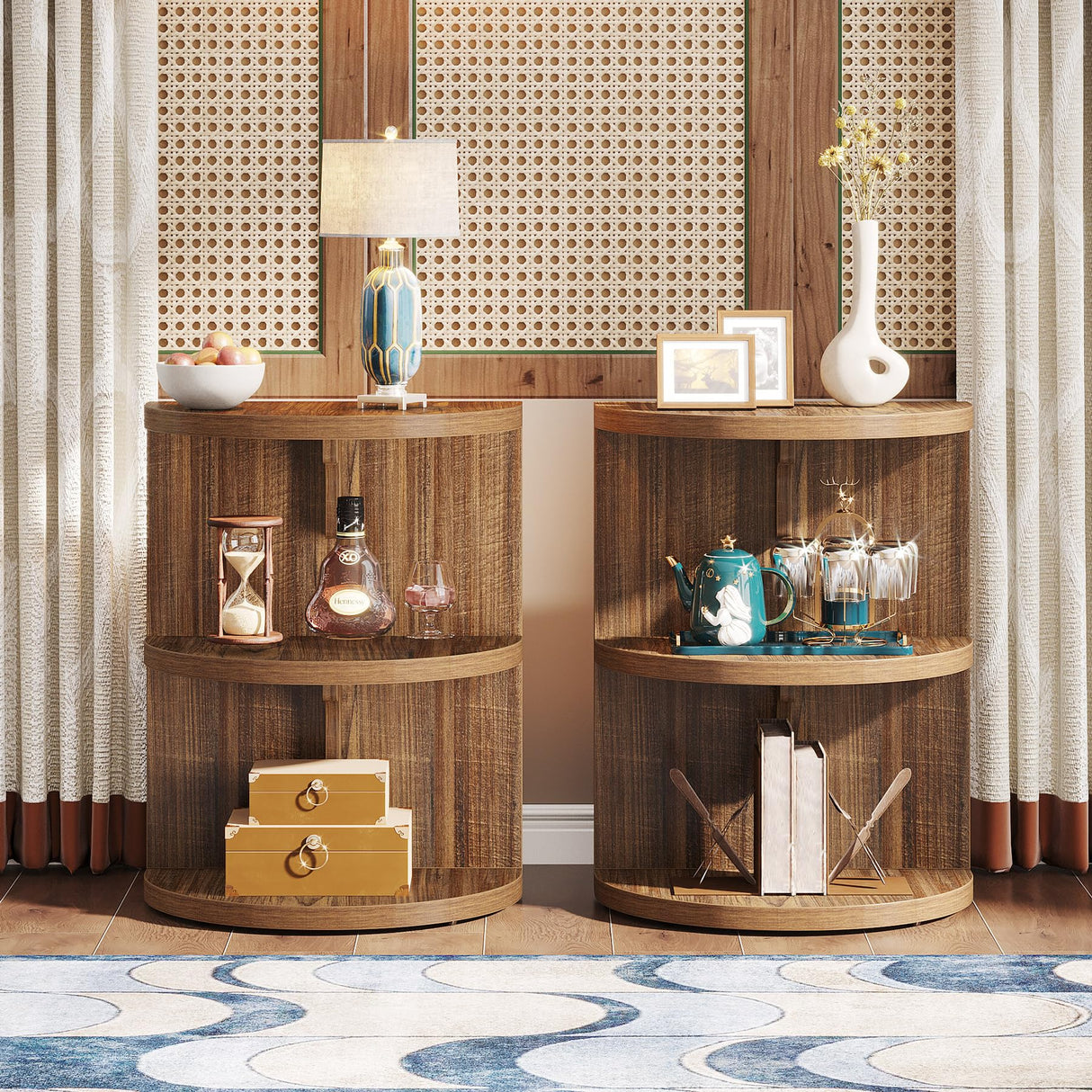 Tribesigns Set of 2 Half Round End Table, 3-Tier Industrial Semi Circle Side Table with Storage, Narrow Wood Sofa Side Table Nightstand Bedside Table Tribesigns