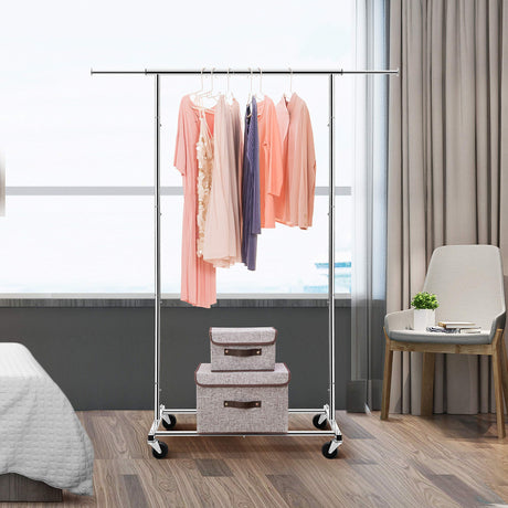 Simple Trending Standard Rod Clothing Garment Rack, Rolling Clothes Organizer on Wheels for Hanging Clothes, Chrome Simple Trending