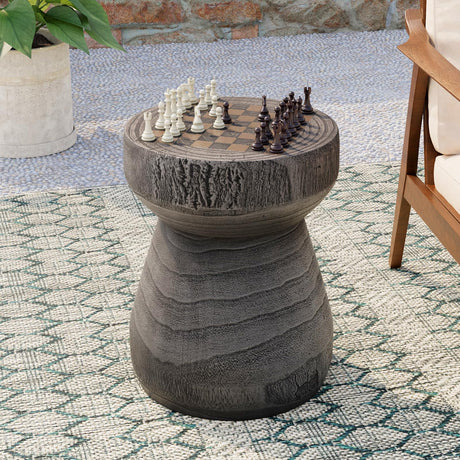 COSIEST Outdoor Side Table with Chessboard, 14'' Round Concrete Lightweight Faux Wooden Multi-Use End Table Garden Stool Log Style Plant Stand for Deck, Patio, Grey COSIEST