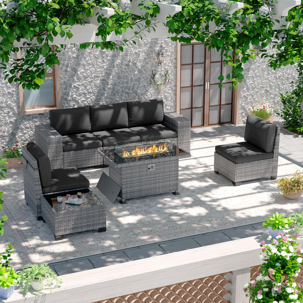 Amopatio Outdoor Sectional with Fire Pit Table, 8 Inch Armrest Patio Furniture Set with Waterproof Cover for Garden Backyard, 4'' Thickened Cushion Amopatio